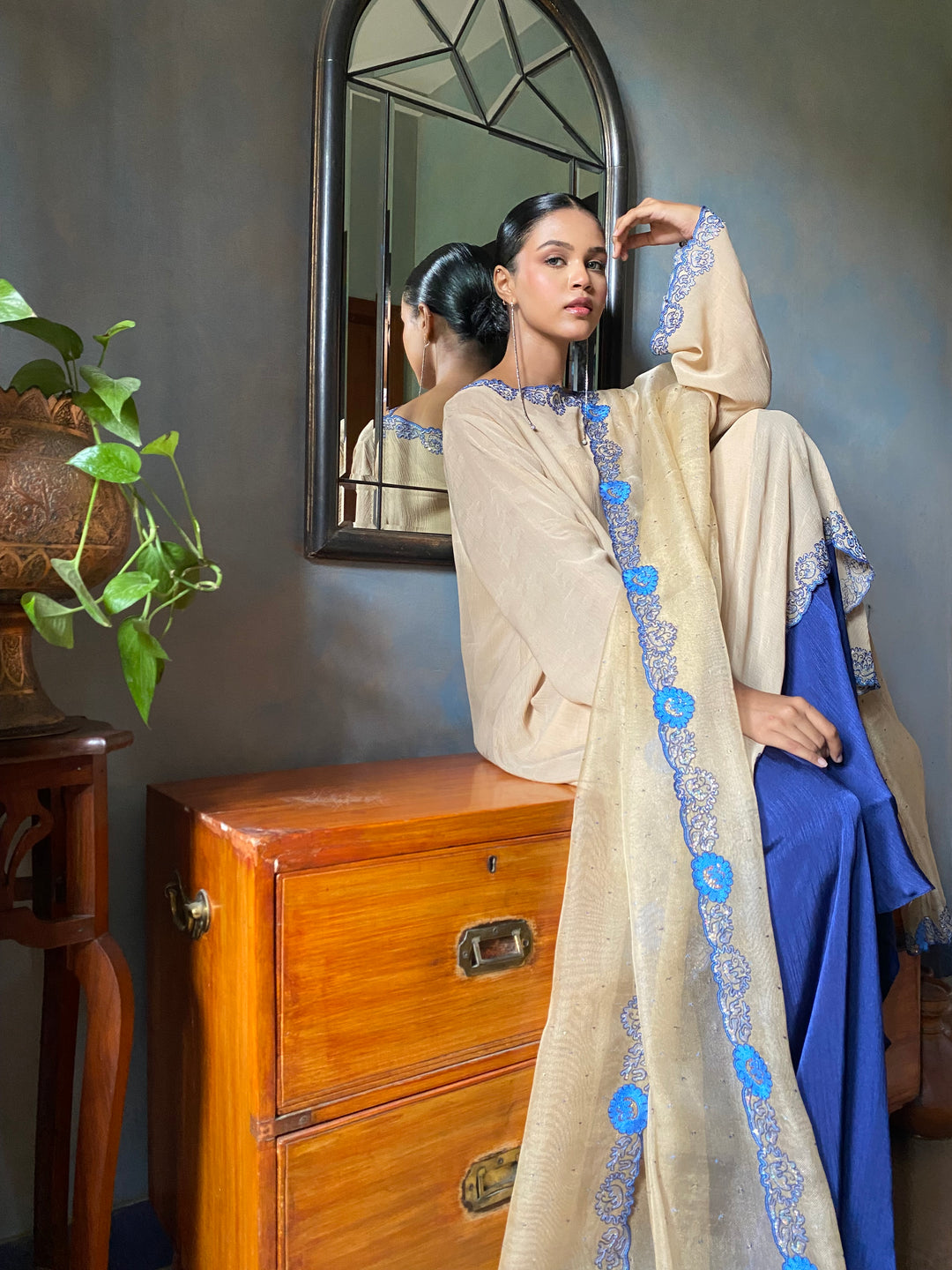 Maheen Khan - Bahira Silk Chiffon + Blended Satin Biege Navy Eastern Wear For Women - 3 Piece