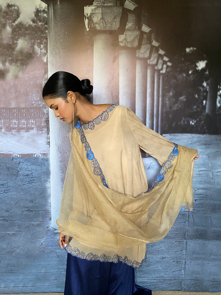 Maheen Khan - Bahira Silk Chiffon + Blended Satin Biege Navy Eastern Wear For Women - 3 Piece