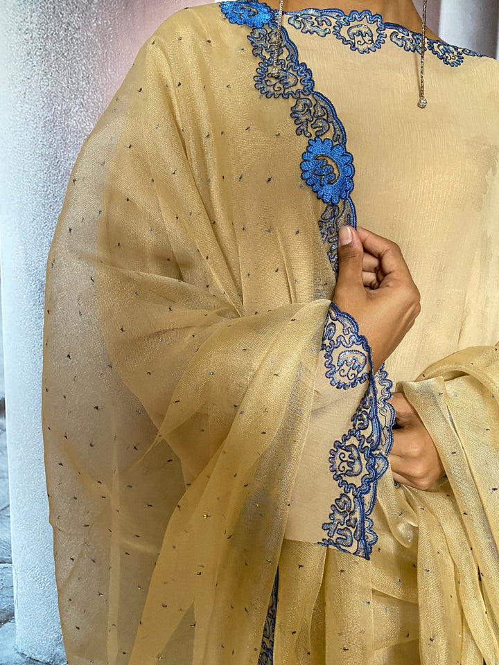Maheen Khan - Bahira Silk Chiffon + Blended Satin Biege Navy Eastern Wear For Women - 3 Piece