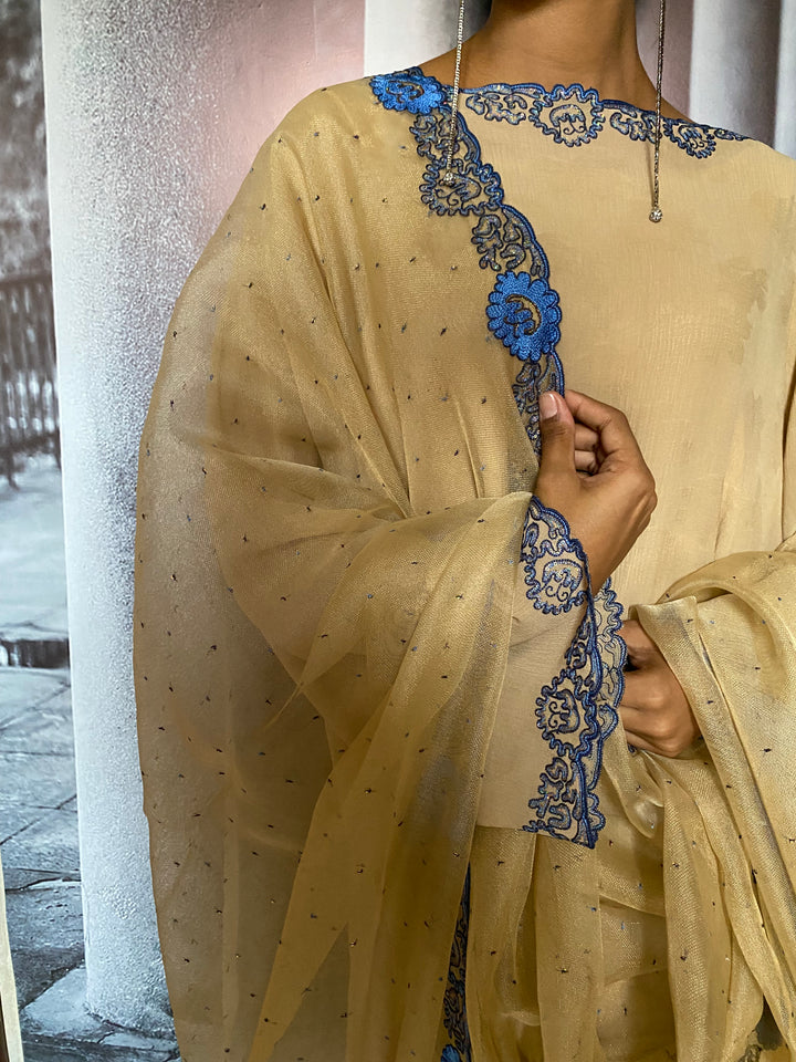 Maheen Khan - Bahira Silk Chiffon + Blended Satin Biege Navy Eastern Wear For Women - 3 Piece
