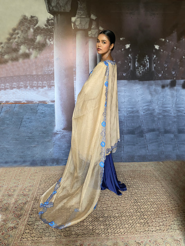 Maheen Khan - Bahira Silk Chiffon + Blended Satin Biege Navy Eastern Wear For Women - 3 Piece