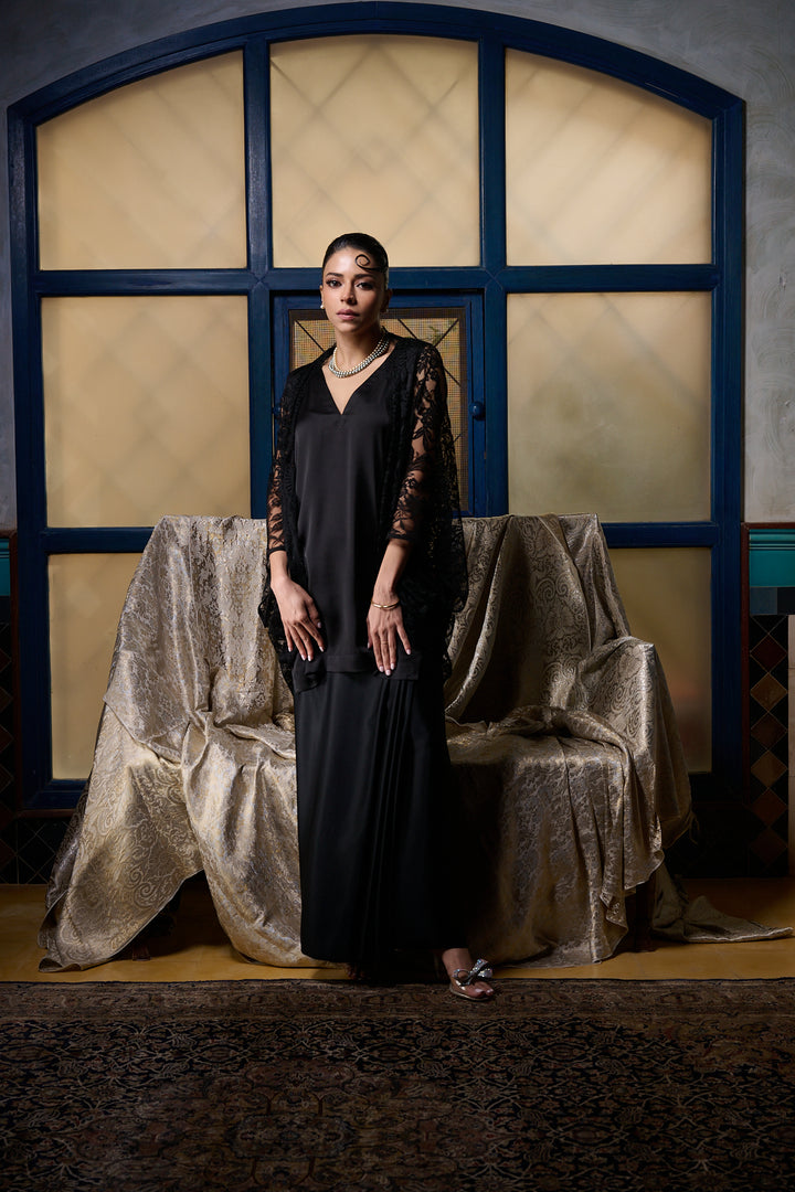 Maheen Khan - Black Chantilly Cape Jacket - BLACK - CHANTILY LACE - 1 Piece