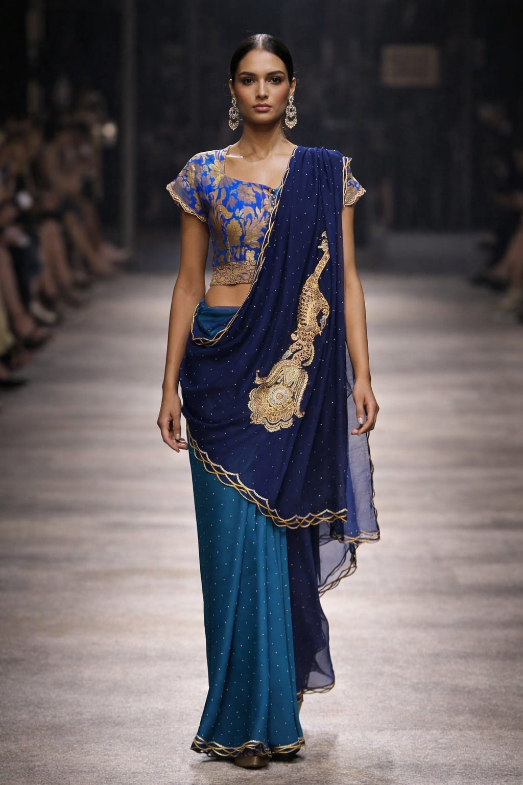 Maheen Khan - Blended Chiffon Zar-Neel Sari For Women - Teal Navy - 1 Piece