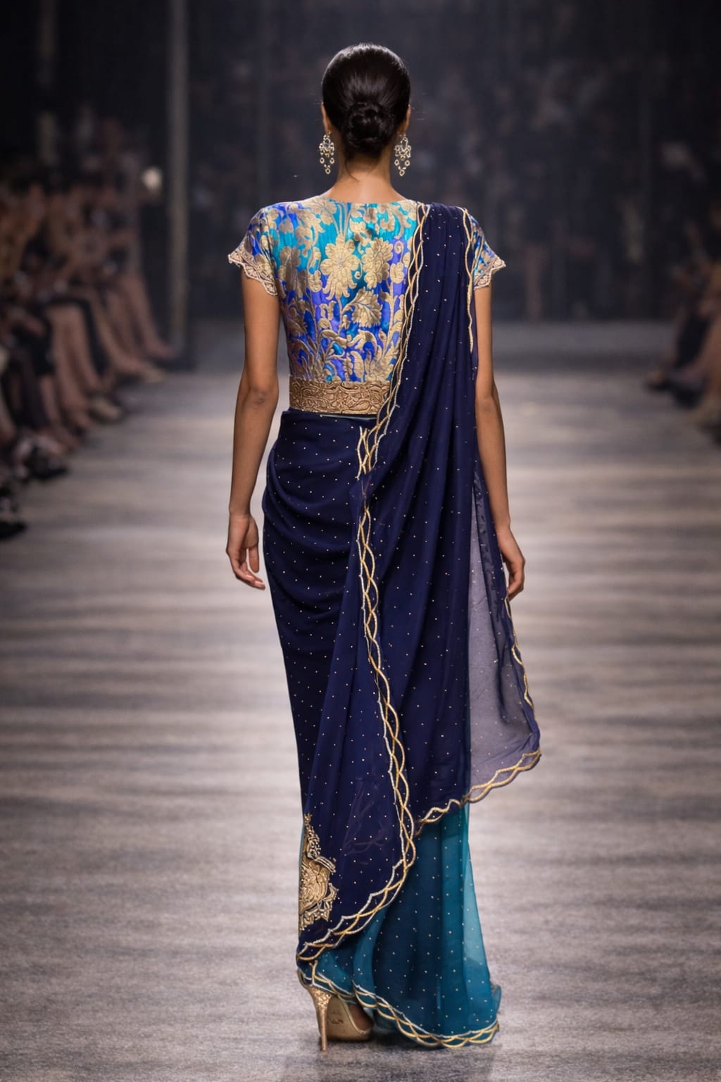 Maheen Khan - Blended Chiffon Zar-Neel Sari For Women - Teal Navy - 1 Piece