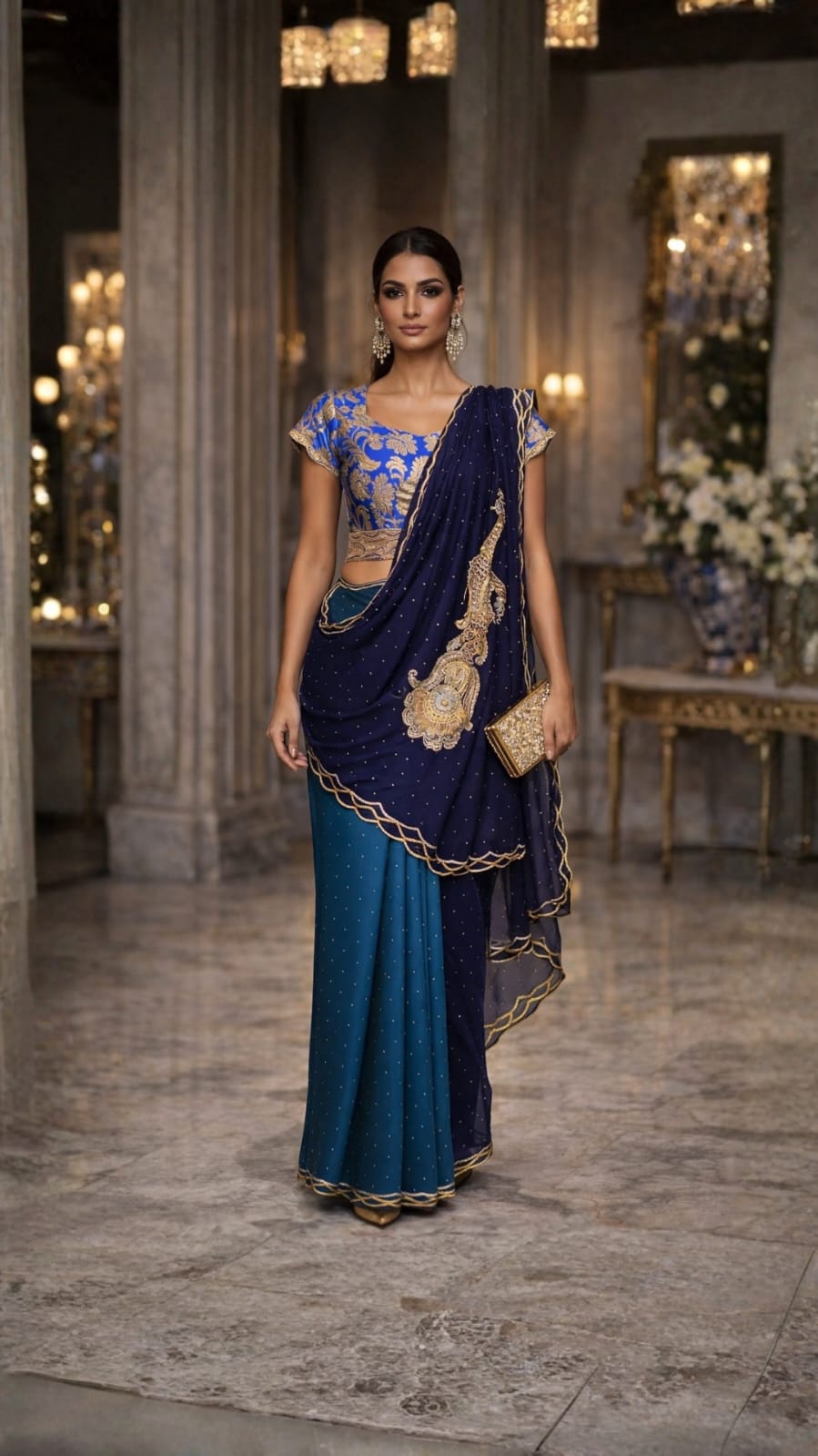 Maheen Khan - Blended Chiffon Zar-Neel Sari For Women - Teal Navy - 1 Piece