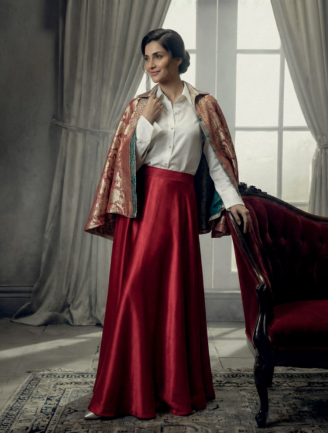 Maheen Khan - Blended Satin Crimson Grace Skirt For Women - Grey Brown Olive - 1 Piece