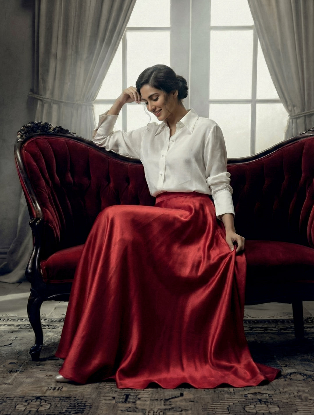 Maheen Khan - Blended Satin Crimson Grace Skirt For Women - Grey Brown Olive - 1 Piece