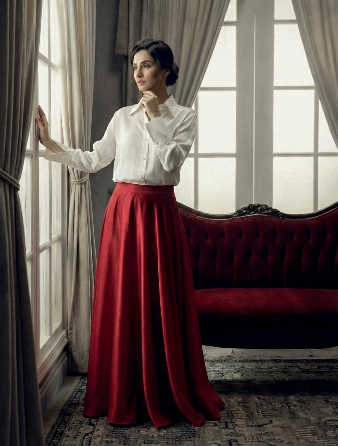 Maheen Khan - Blended Satin Crimson Grace Skirt For Women - Grey Brown Olive - 1 Piece