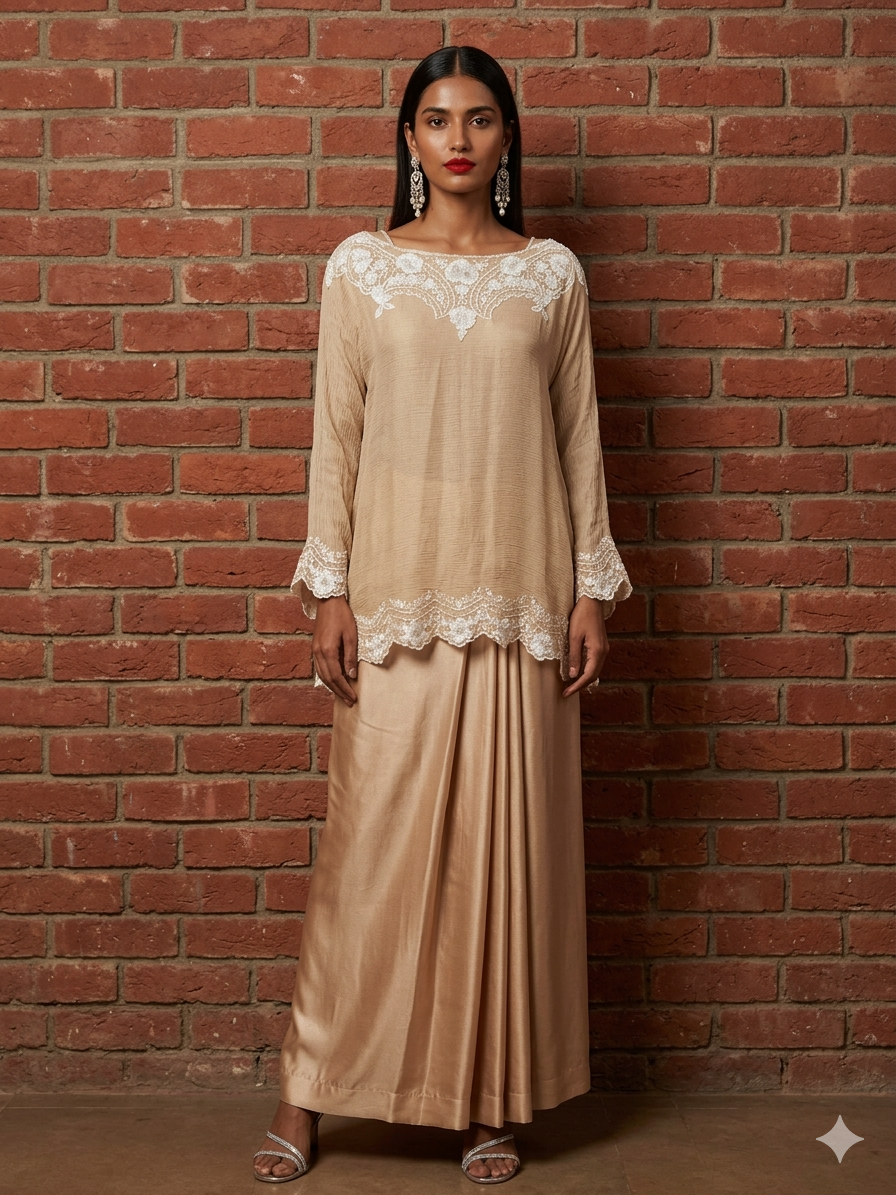 Maheen Khan - Blended Satin Luna Half Sari For Women - Biege - 1 Piece