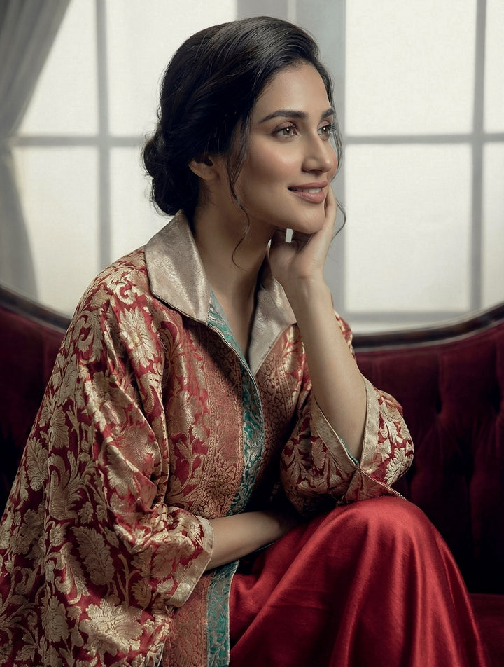 Maheen Khan - Blended Satin Noor-E-Zar Jacket For Women - Red Maroon + Green - 1 Piece