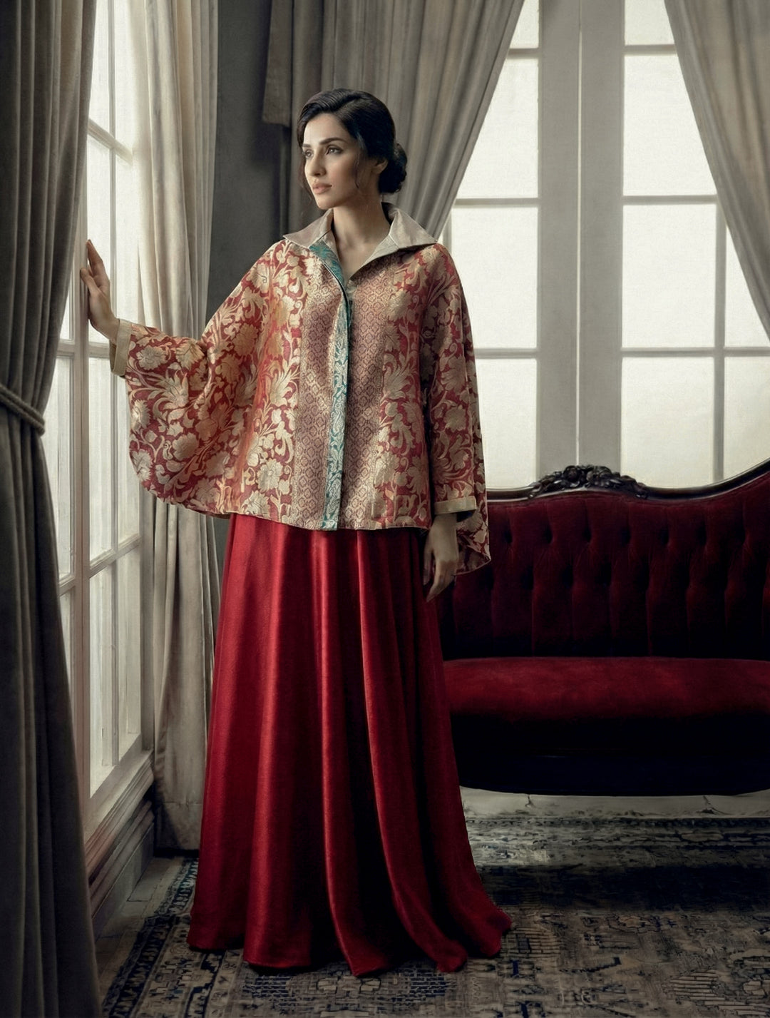 Maheen Khan - Blended Satin Noor-E-Zar Jacket For Women - Red Maroon + Green - 1 Piece