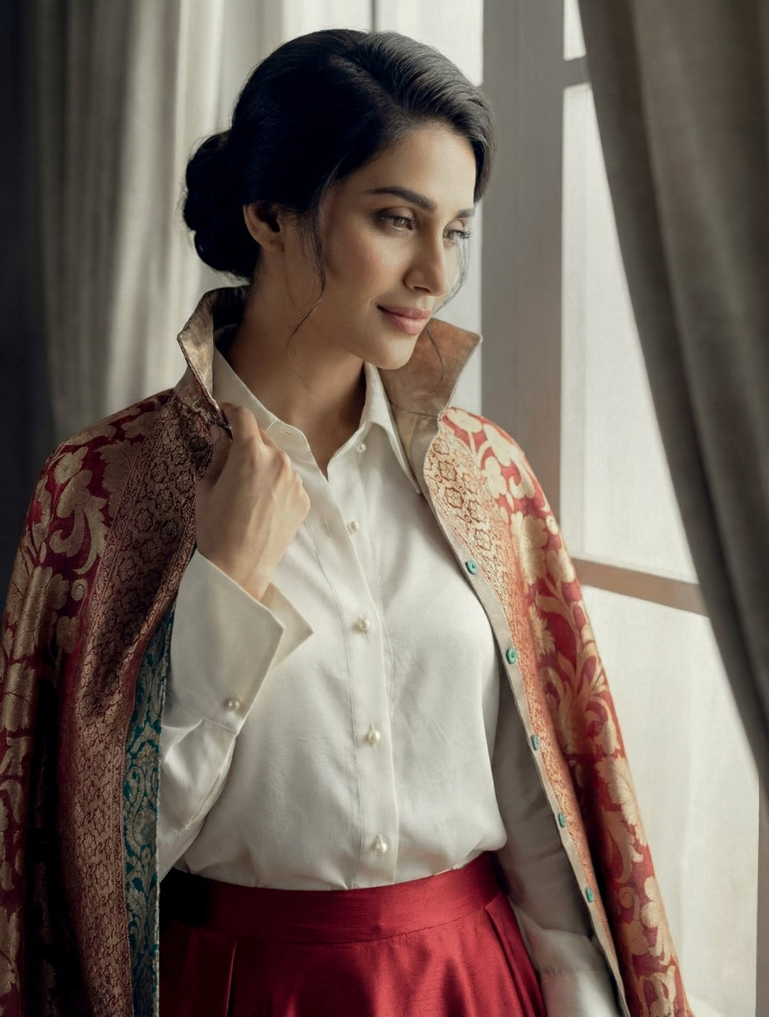 Maheen Khan - Blended Satin Noor-E-Zar Jacket For Women - Red Maroon + Green - 1 Piece
