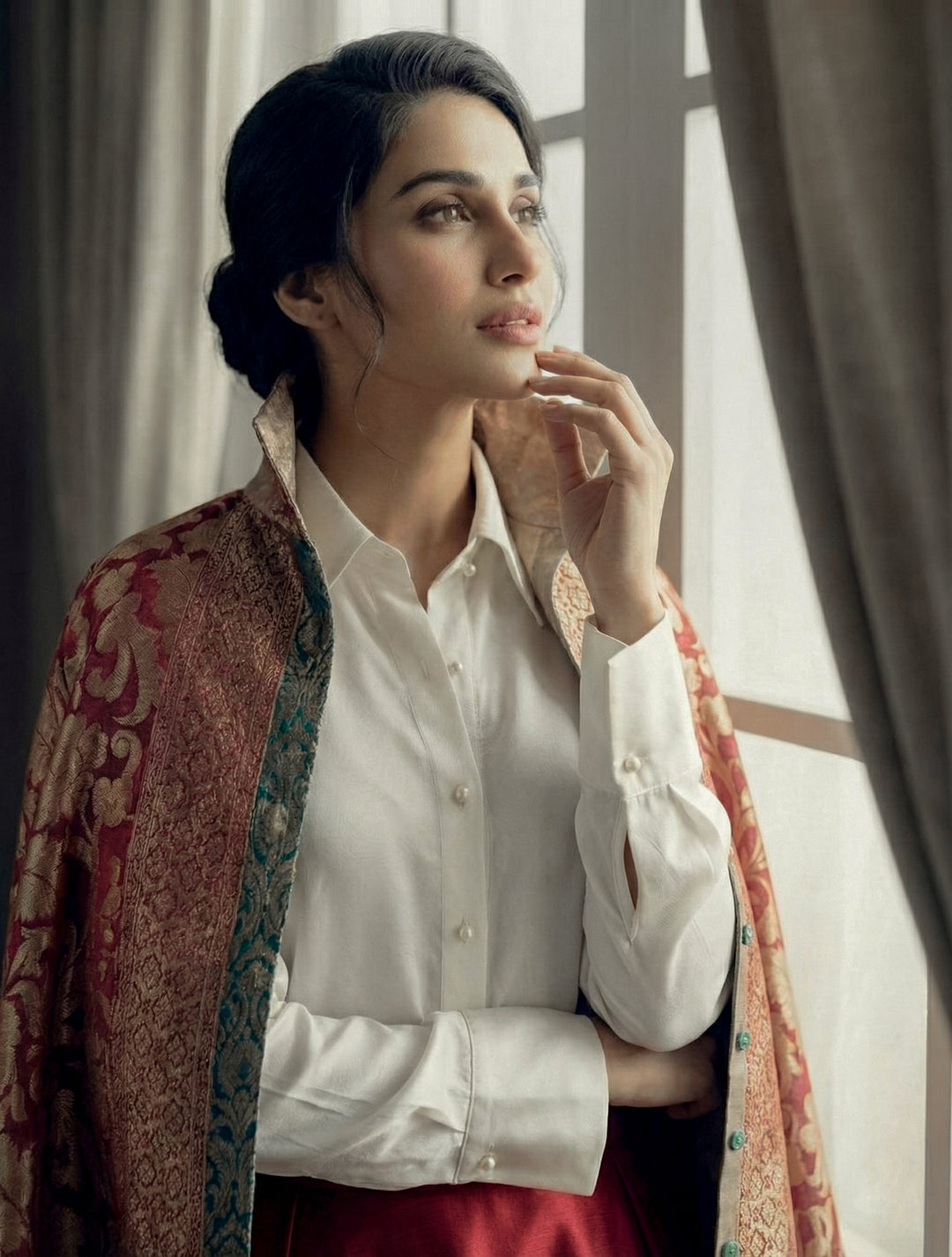 Maheen Khan - Blended Satin Noor-E-Zar Jacket For Women - Red Maroon + Green - 1 Piece