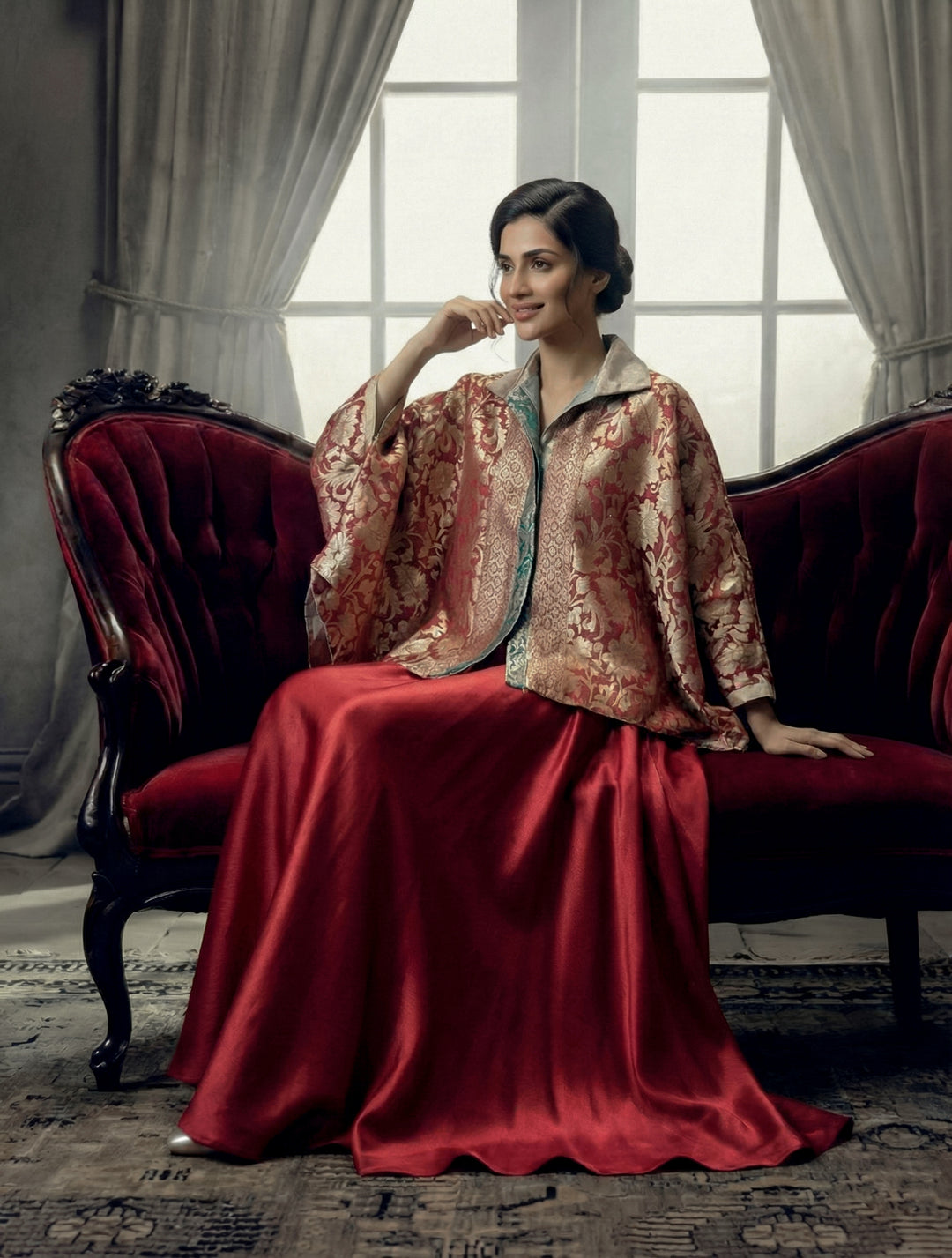 Maheen Khan - Blended Satin Noor-E-Zar Jacket For Women - Red Maroon + Green - 1 Piece