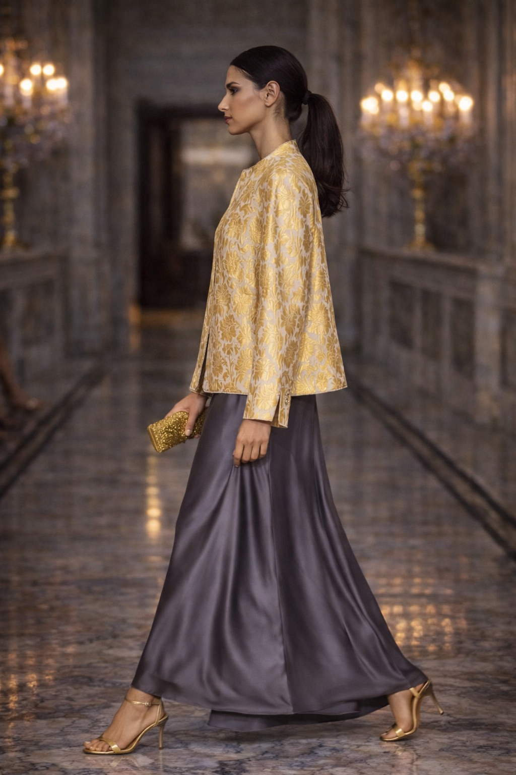 Maheen Khan - Blended Satin Oria Half Sari For Women - Grey - 1 Piece