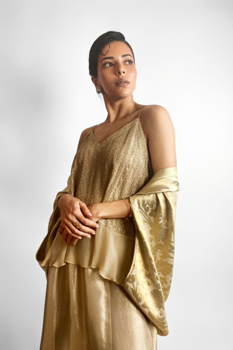 Maheen Khan - CELESTE CAMI TOP - Embroidered Chiffon - Beige Gold - 1 Piece