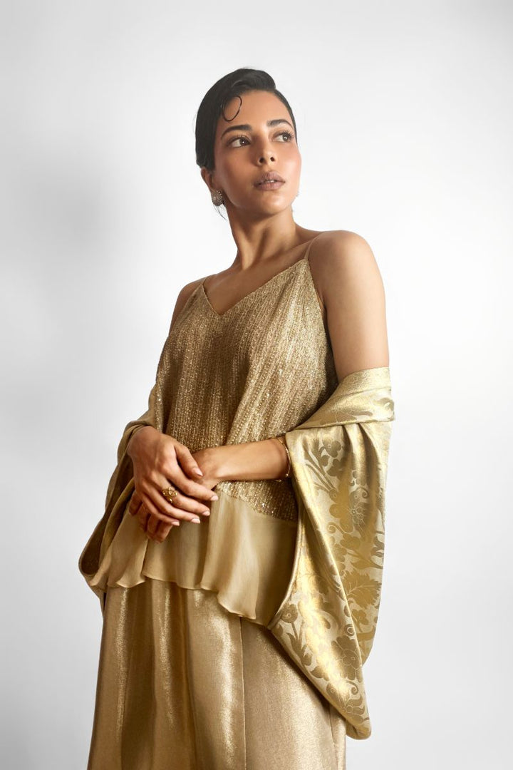 Maheen Khan - CELESTE CAMI TOP - Embroidered Chiffon - Beige Gold - 1 Piece