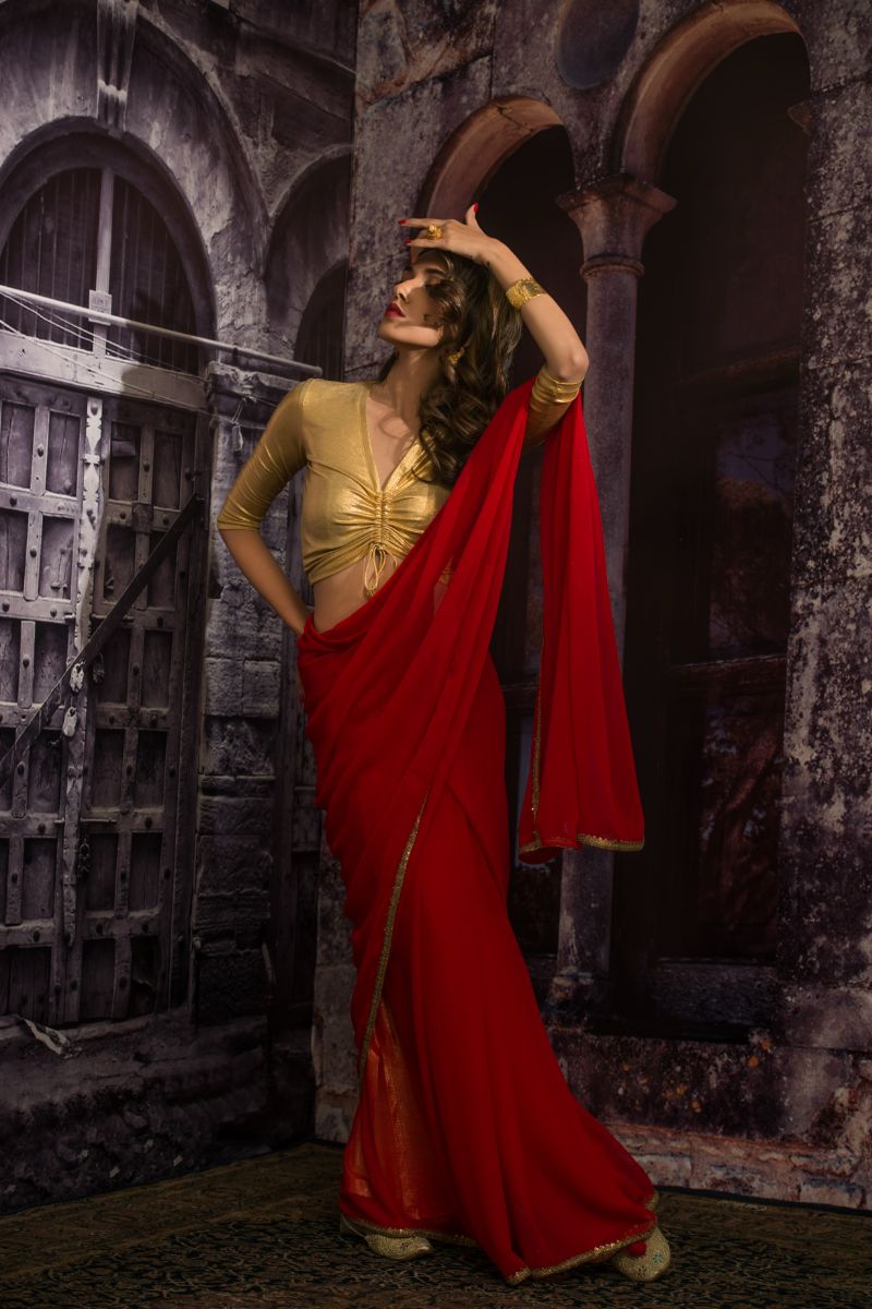 Maheen Khan - DAHLIA SARI - Red - Blended Chiffon - 1 Piece