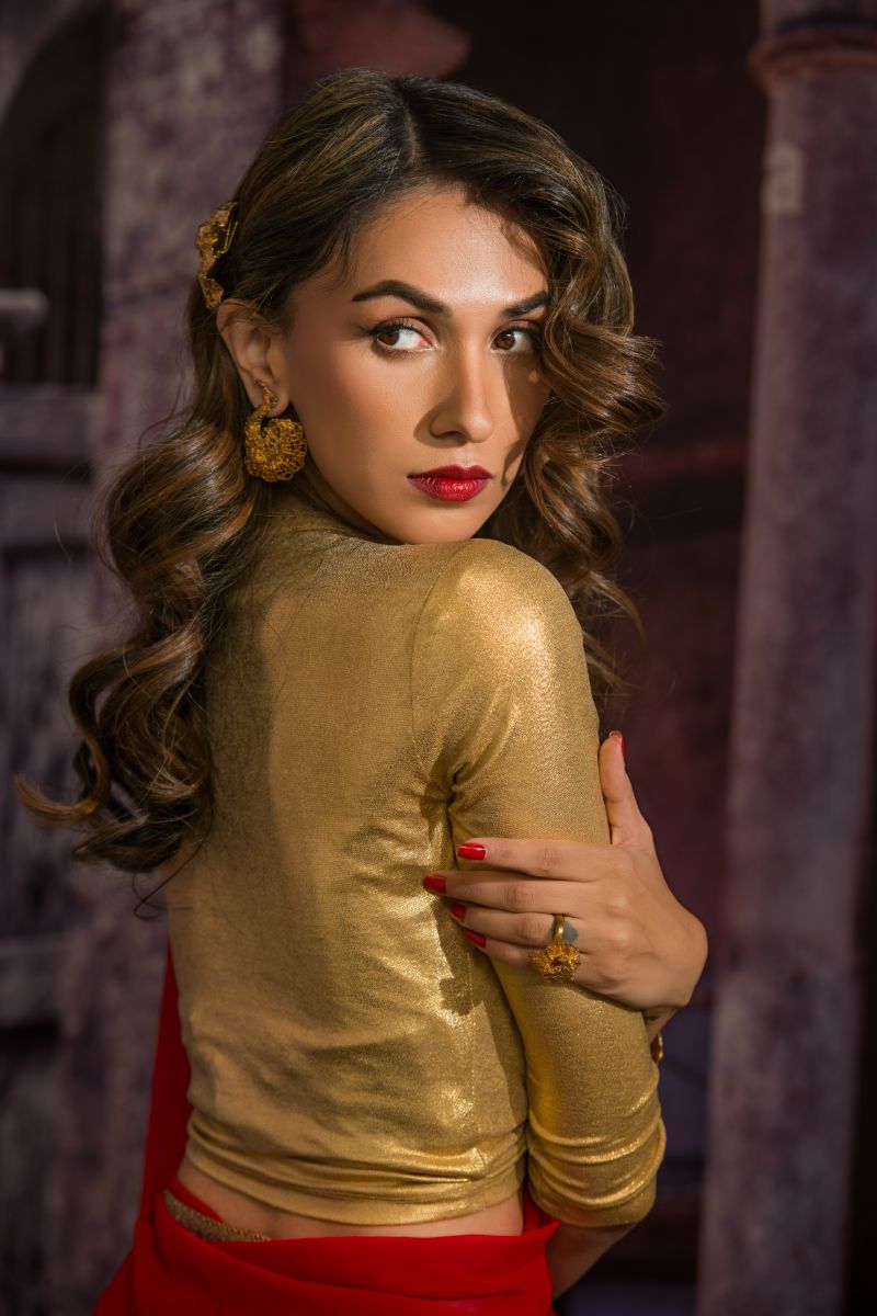 Maheen Khan - DRAWSTRING V NECK BLOUSE - Gold - Jersey - 1 Piece