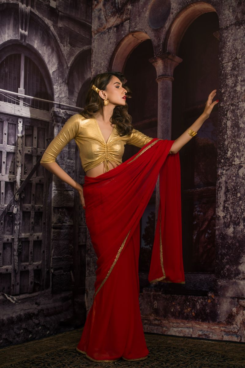 Maheen Khan - DRAWSTRING V NECK BLOUSE - Gold - Jersey - 1 Piece