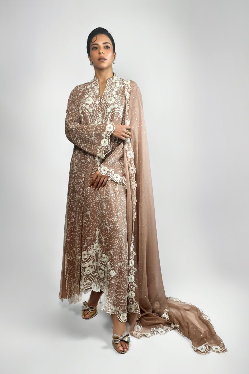 Maheen Khan - FLORA CHANTILLY DUPATTA - Silk Chiffon - Tea Pink - 1 Piece