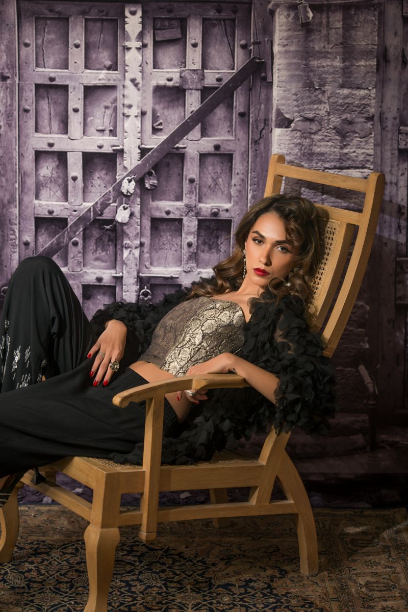 Maheen Khan - GAGA - 4 BLACK - Black - Blended Chiffon - 1 Piece