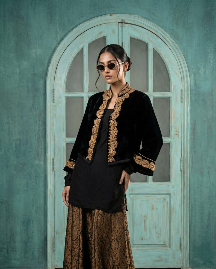 Maheen Khan - Imperial Silk Velvet Jacket For Women - Black - 1 Piece