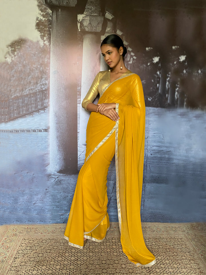 Maheen Khan - Liyana Blended Chiffon Yellow Sari For Women - 1 Piece
