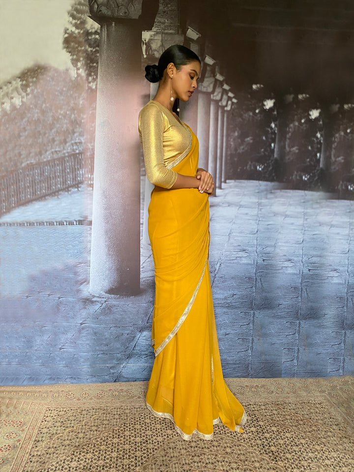 Maheen Khan - Liyana Blended Chiffon Yellow Sari For Women - 1 Piece