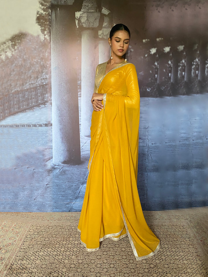 Maheen Khan - Liyana Blended Chiffon Yellow Sari For Women - 1 Piece