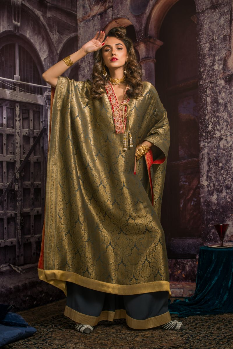 Maheen Khan - MARRAKESH - Kaftan - Grey Gold - Pure Silk Brocade - 2 Piece