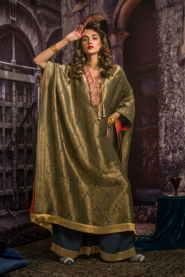 Maheen Khan - MARRAKESH - Kaftan - Grey Gold - Pure Silk Brocade - 2 Piece