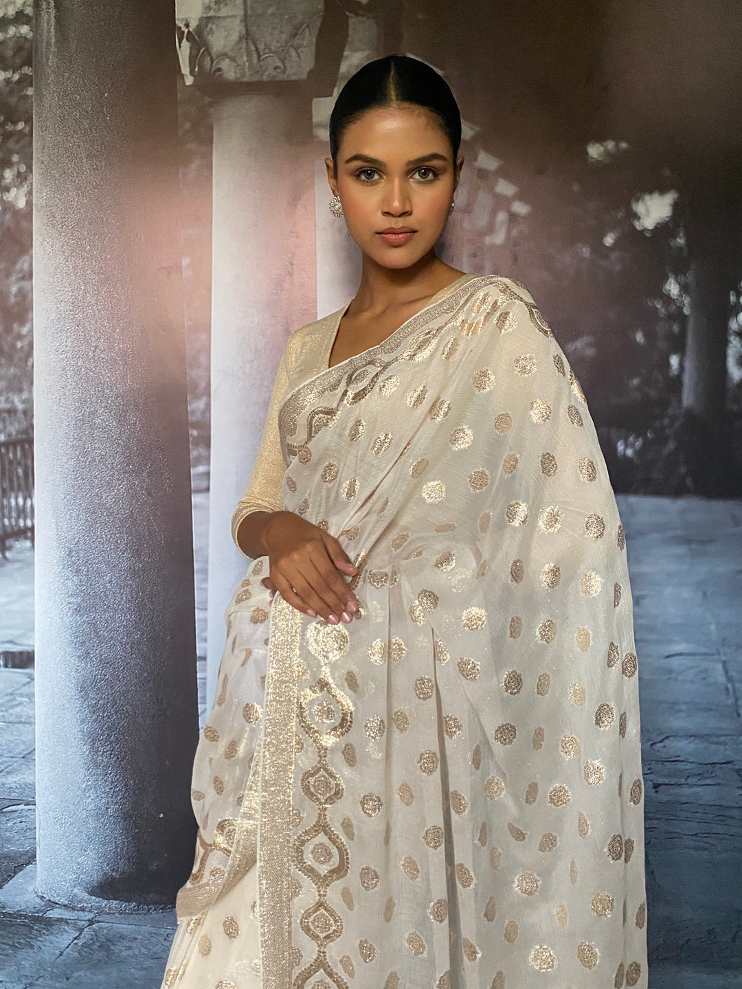 Maheen Khan - Malika Silk Chiffon Banarsi White Silver Gold Sari For Women - 1 Piece