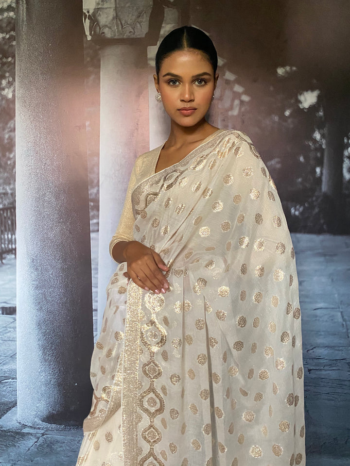 Maheen Khan - Malika Silk Chiffon Banarsi White Silver Gold Sari For Women - 1 Piece