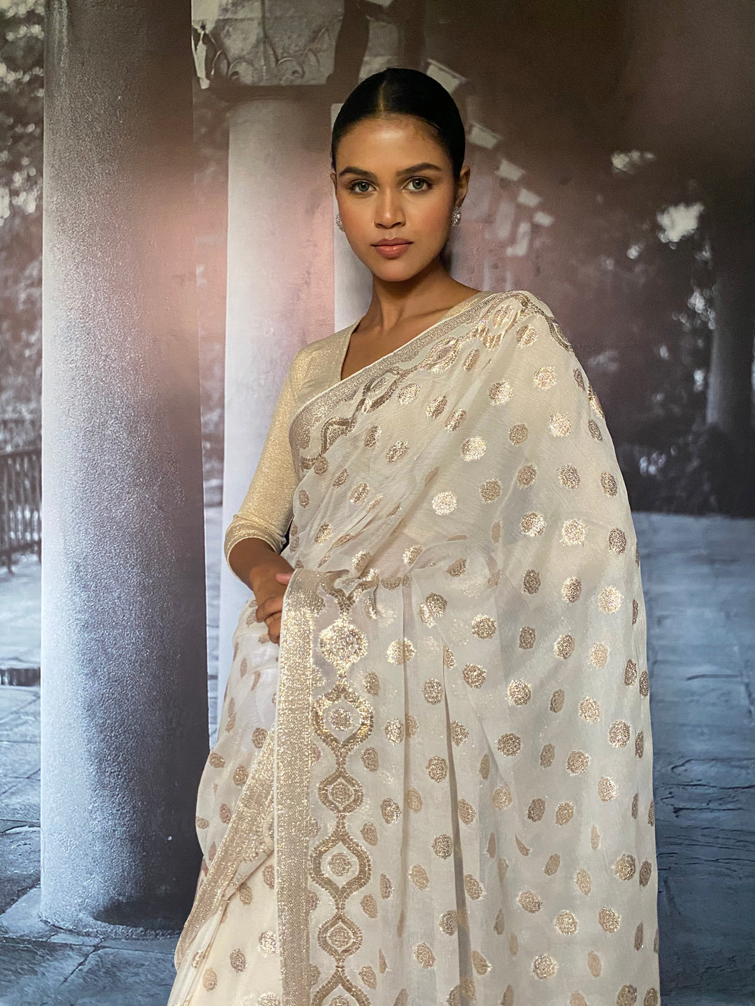 Maheen Khan - Malika Silk Chiffon Banarsi White Silver Gold Sari For Women - 1 Piece