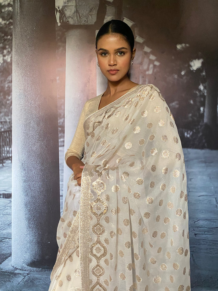 Maheen Khan - Malika Silk Chiffon Banarsi White Silver Gold Sari For Women - 1 Piece