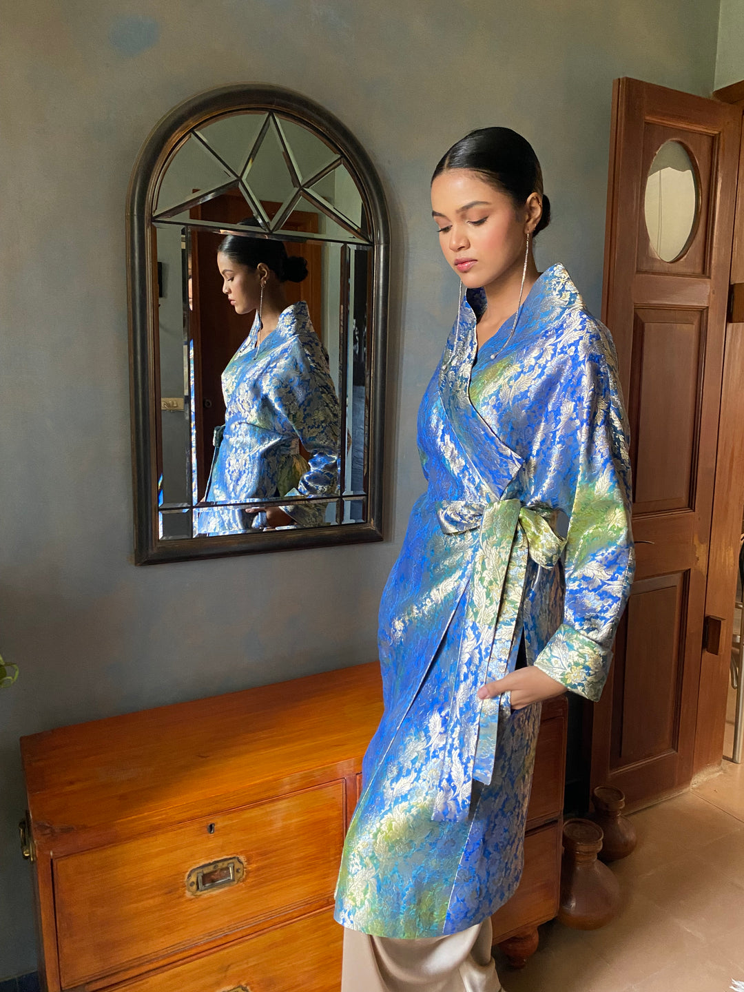Maheen Khan - Nurelle Silk Brocade Navy Green Fusion For Women - 1 Piece