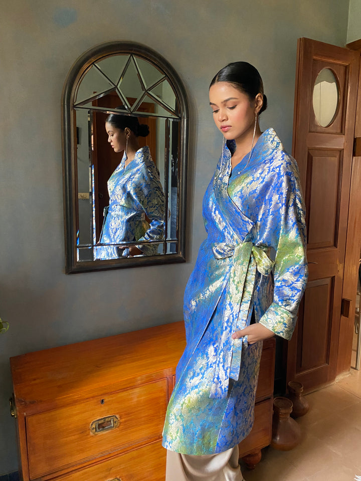Maheen Khan - Nurelle Silk Brocade Navy Green Fusion For Women - 1 Piece