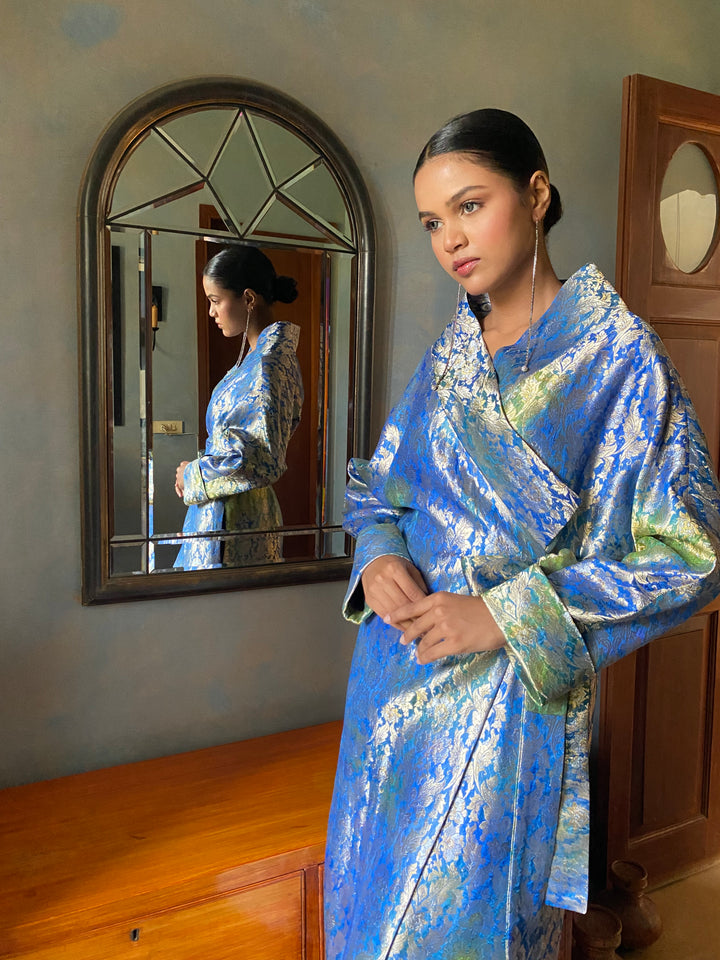Maheen Khan - Nurelle Silk Brocade Navy Green Fusion For Women - 1 Piece