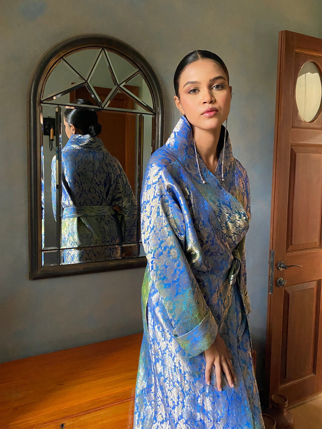 Maheen Khan - Nurelle Silk Brocade Navy Green Fusion For Women - 1 Piece