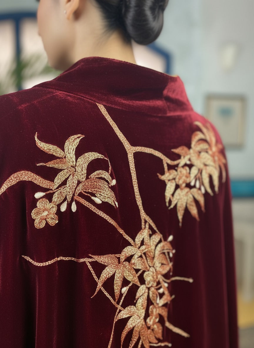 Maheen Khan - Opera Coat Silk Velvet Marron Jacket For Women - 1 Piece