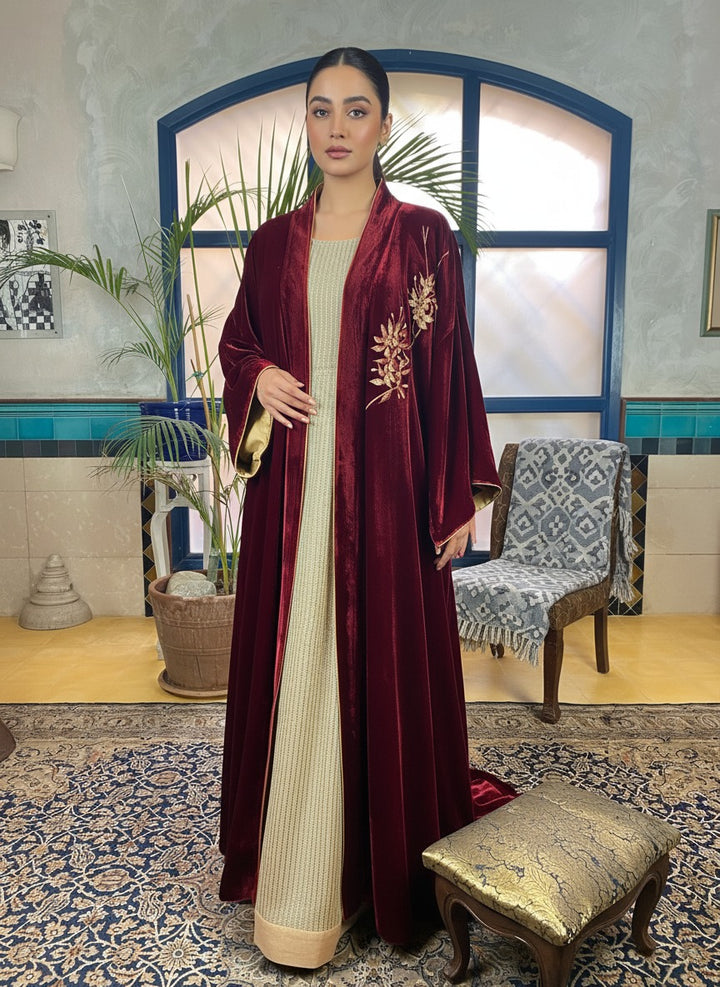Maheen Khan - Opera Coat Silk Velvet Marron Jacket For Women - 1 Piece