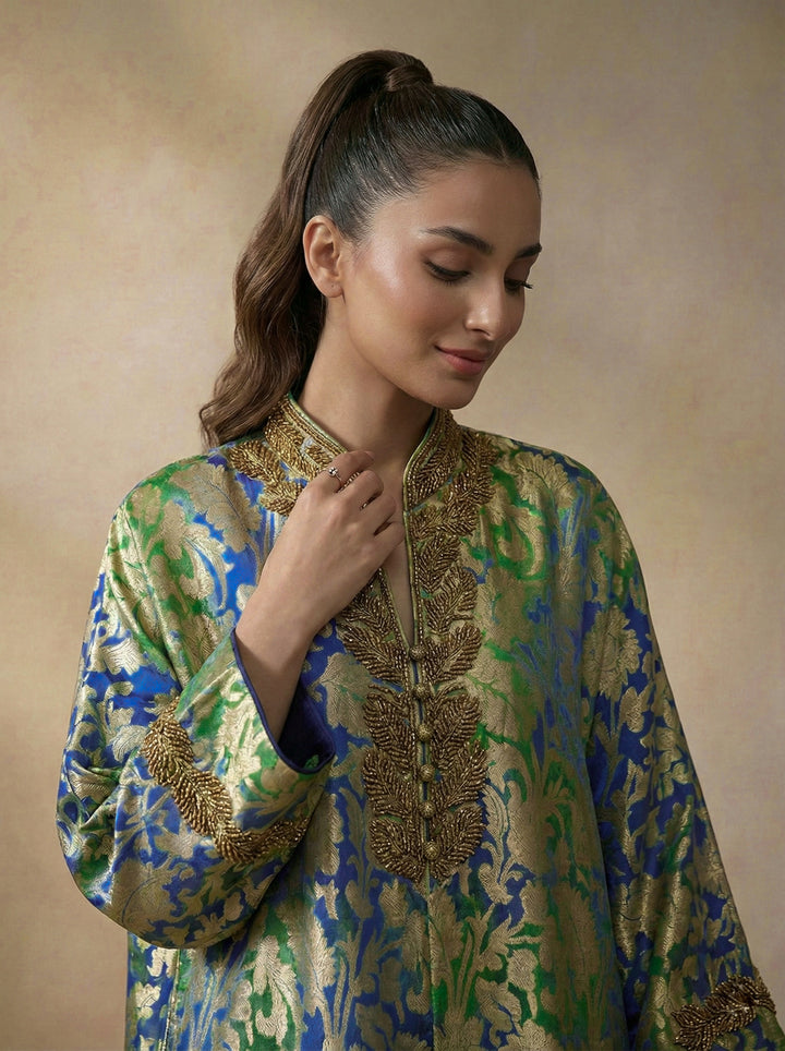 Maheen Khan - Pure Silk Aurelia Royale Kaftan For Women - Blue Green - 2 Piece