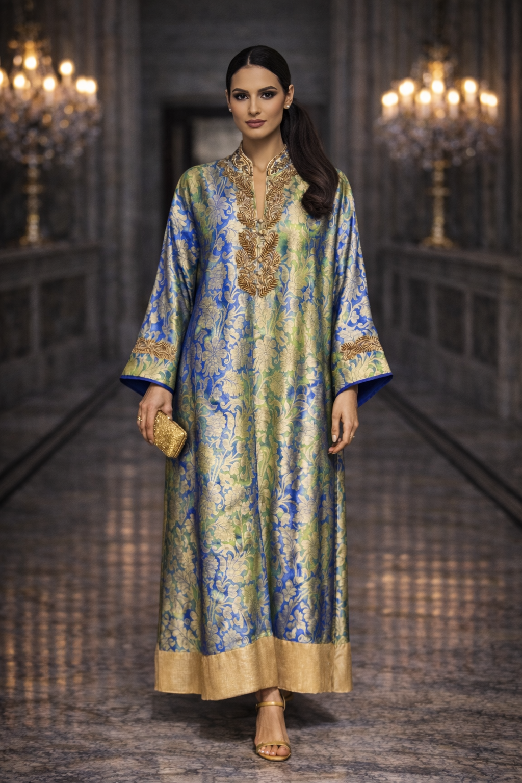 Maheen Khan - Pure Silk Aurelia Royale Kaftan For Women - Blue Green - 2 Piece