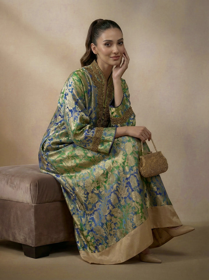 Maheen Khan - Pure Silk Aurelia Royale Kaftan For Women - Blue Green - 2 Piece