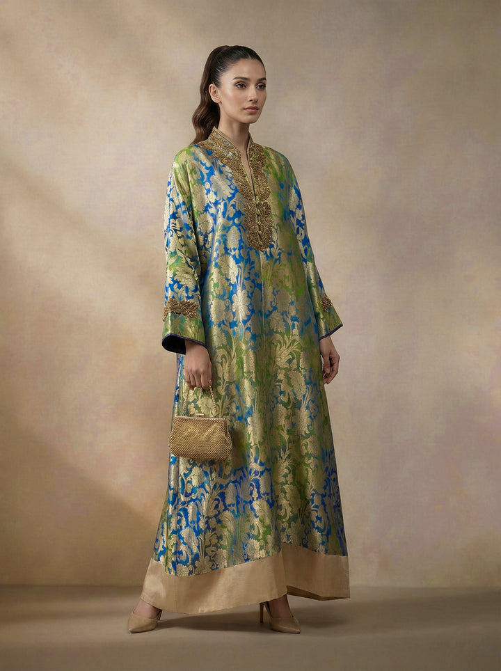Maheen Khan - Pure Silk Aurelia Royale Kaftan For Women - Blue Green - 2 Piece