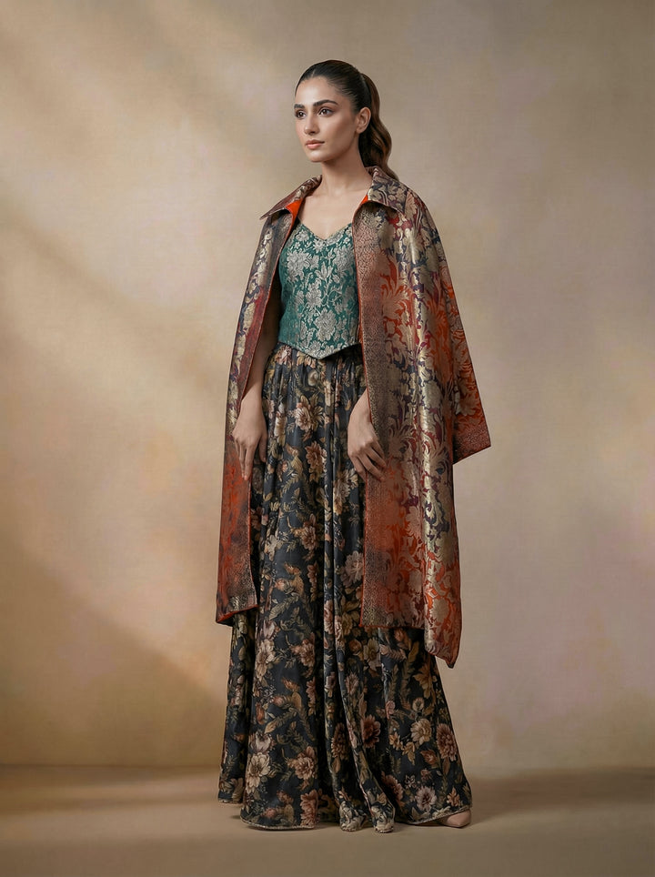 Maheen Khan - Pure Silk Celestine Jacket For Women -  Red Maroon + Green - 1 Piece