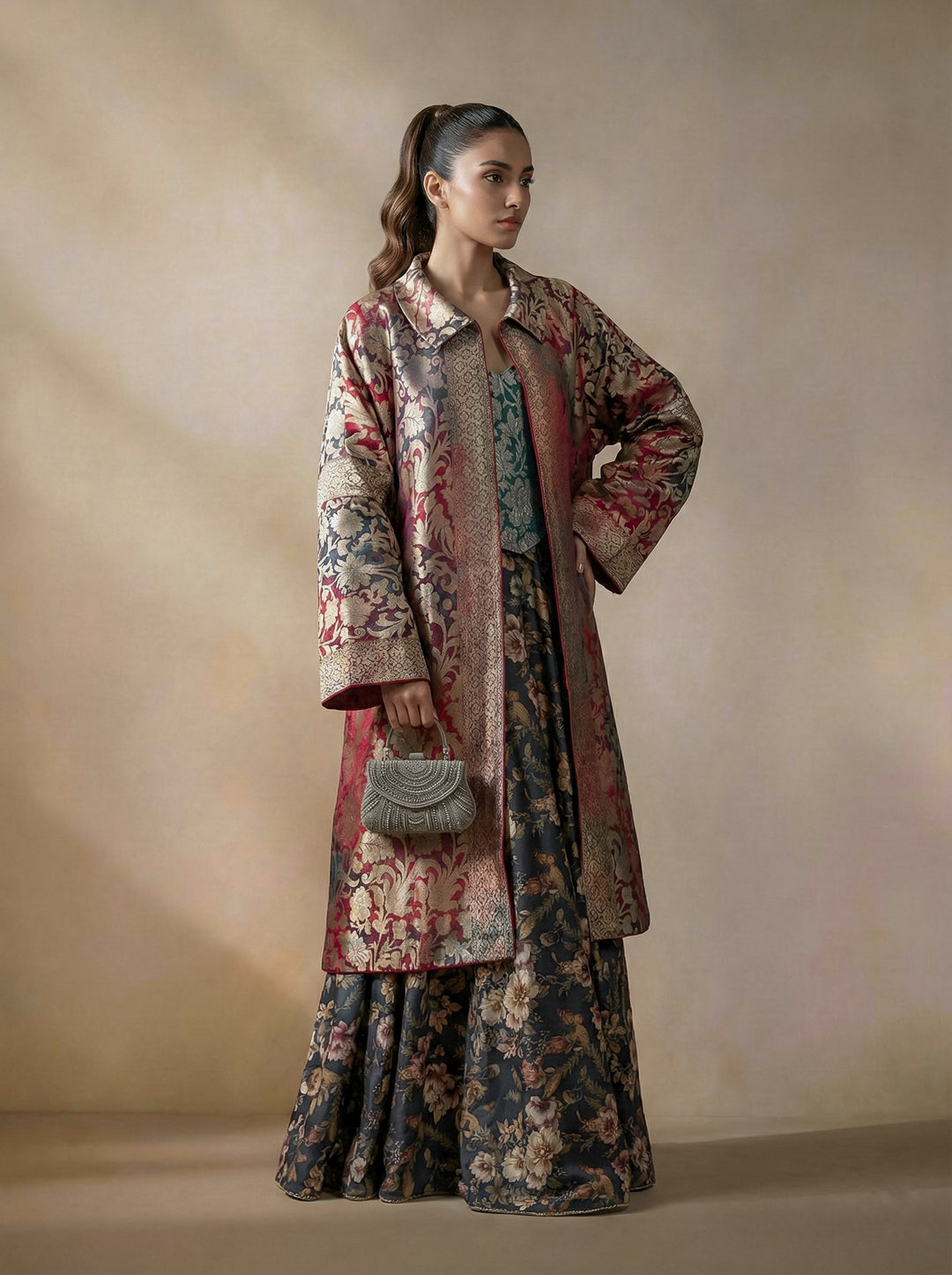 Maheen Khan - Pure Silk Celestine Jacket For Women -  Red Maroon + Green - 1 Piece