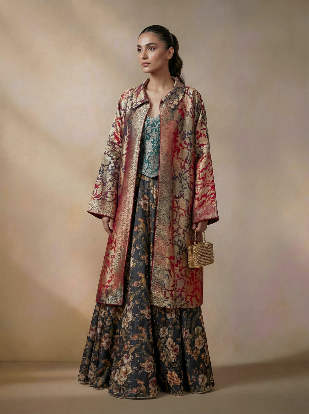 Maheen Khan - Pure Silk Celestine Jacket For Women -  Red Maroon + Green - 1 Piece