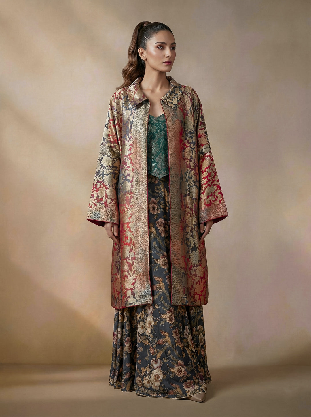 Maheen Khan - Pure Silk Celestine Jacket For Women -  Red Maroon + Green - 1 Piece